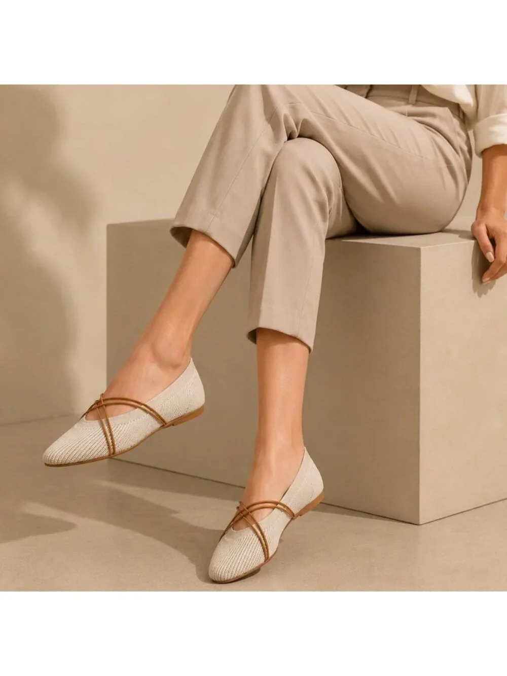 Women's Khaki Square Toe Flats Comfortable Knit Ballet Flats with Cross Strap